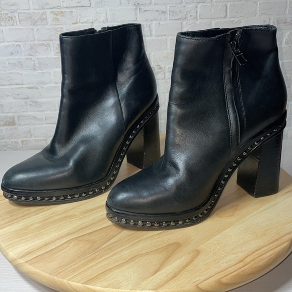 Coach Justina Buttery Soft Leather Studded Moto Chunky Block Heel Ankle Boots